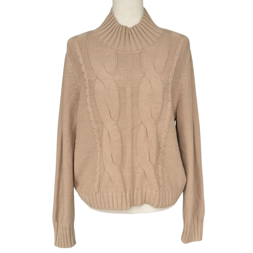 Calvin Klein Womens Cropped Cable Turtle Neck, Tan, Women’s Size L